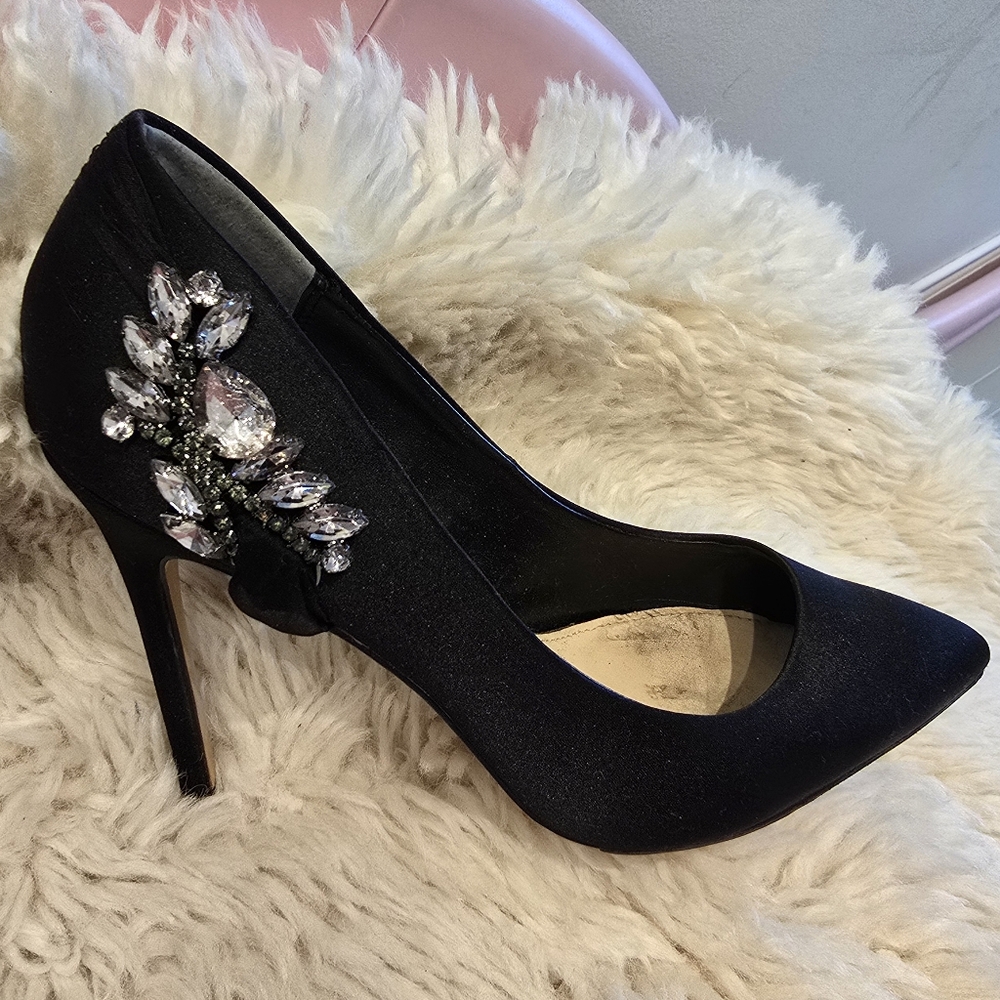 Nina Black Satin Heels with Crystal Embellishments
